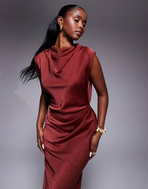 ASOS DESIGN high neck pleated bodice midi dress in brown - view 1
