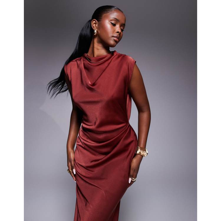 ASOS DESIGN high neck pleated bodice midi dress in brown | ASOS