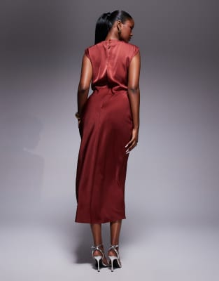ASOS DESIGN high neck pleated bodice midi dress in brown