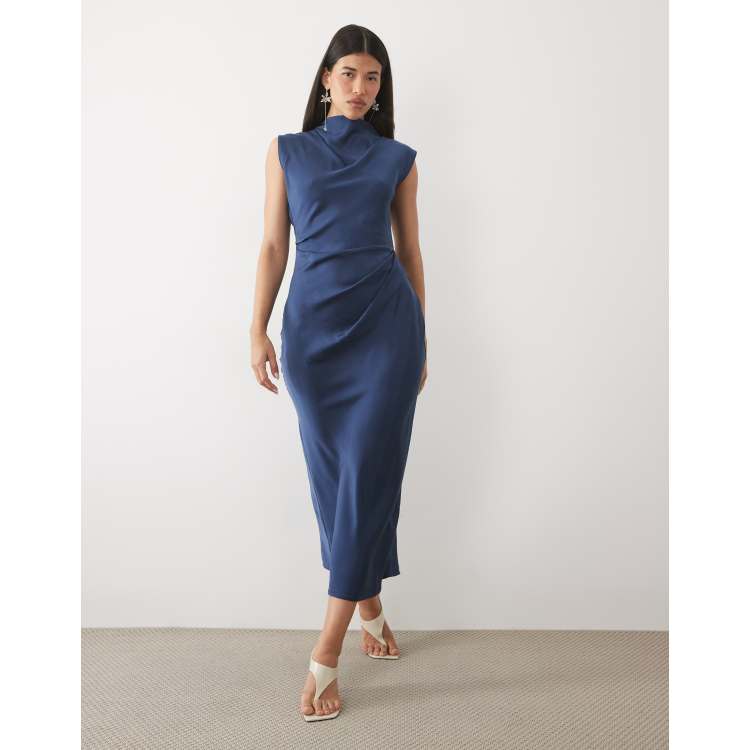 ASOS DESIGN high neck pleated bodice midi dress in navy blue