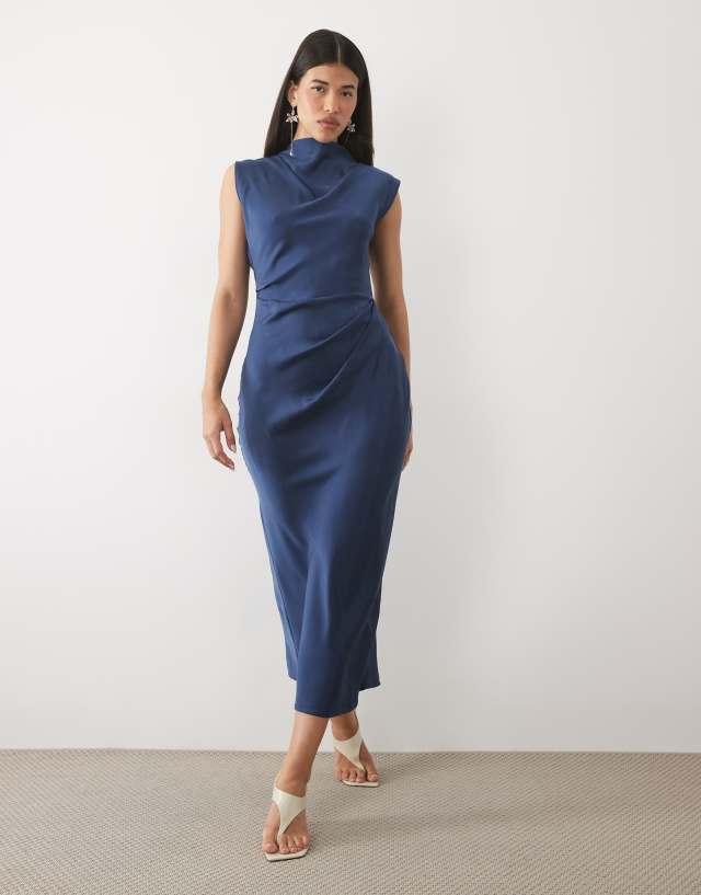 pleated formal midi dress ASOS DESIGN high neck bodice in navy blue pleated dress with sleeves