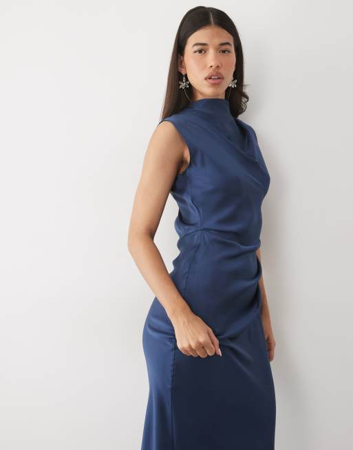 ASOS DESIGN high neck pleated bodice midi dress in navy blue, 2 of 4