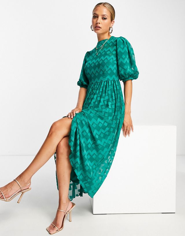 ASOS DESIGN high neck pleated chevron dobby midi dress with puff sleeve in forest green