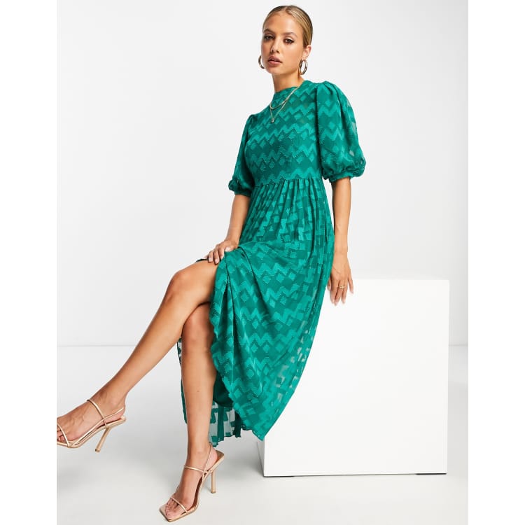 knee length dresses for ladies Dobby Pleated Waist Mini Dress Forest Green main image 1