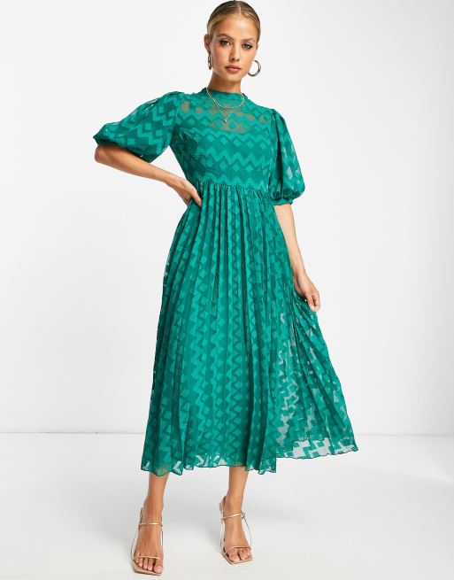 ASOS DESIGN high neck pleated chevron dobby midi dress with puff sleeve in forest green