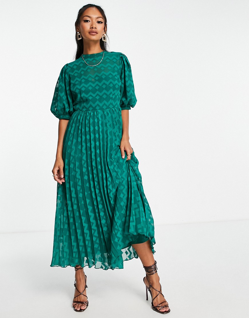 ASOS DESIGN high neck pleated chevron dobby midi dress with puff sleeve in forest green