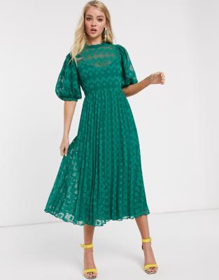 asos design high neck pleated midi dress