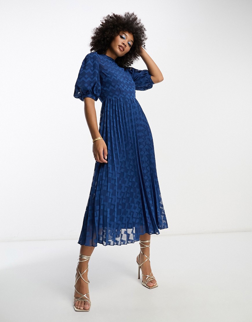 ASOS DESIGN high neck pleated chevron dobby midi dress with puff sleeve in navy