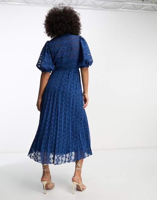 asos design pleated batwing midi dress in chevron dobby high neck with puff sleeve navy Puff sleeve The Boob Tape Bra long sleeve shirt Color:Almond Green