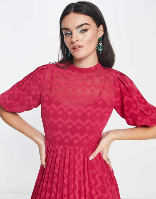 ASOS DESIGN high neck pleated chevron textured midi dress with puff sleeve in berry