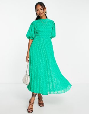 Asos Design High Neck Pleated Chevron Textured Midi Dress With Puff Sleeve In Emerald Green