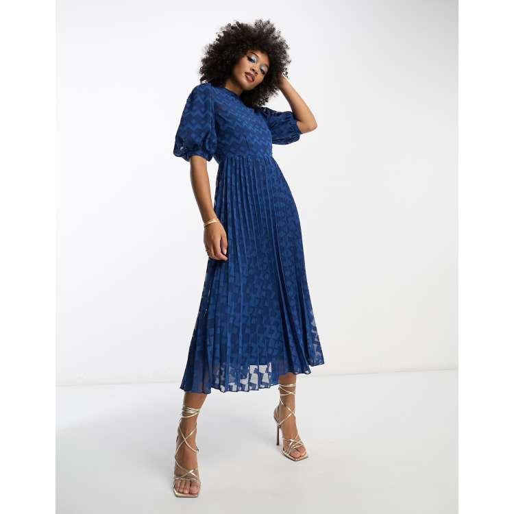 asos green chevron dress DESIGN high neck pleated textured midi with puff sleeve in Navy sparkle maxi dress