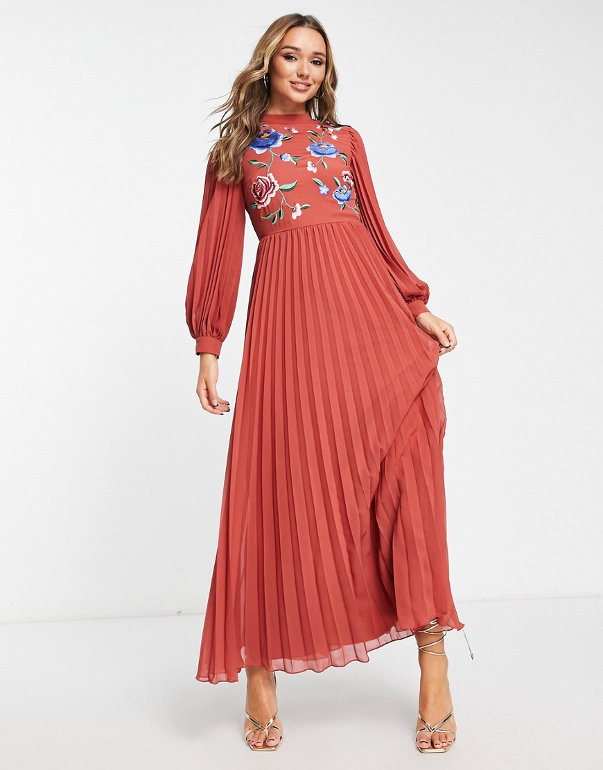 ASOS DESIGN high neck pleated embroidery maxi dress in rust-Red
