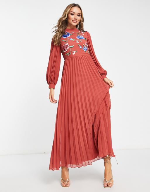 Asos Design High Neck Pleated Embroidery Maxi Dress In Rust Asos 