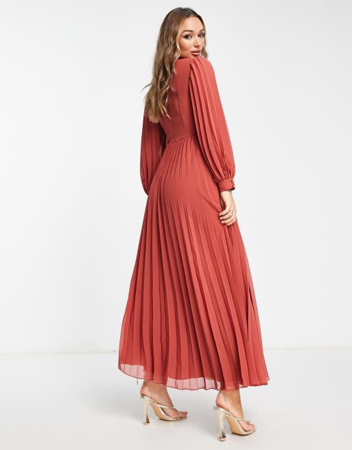 ASOS DESIGN high neck pleated embroidery maxi dress in rust