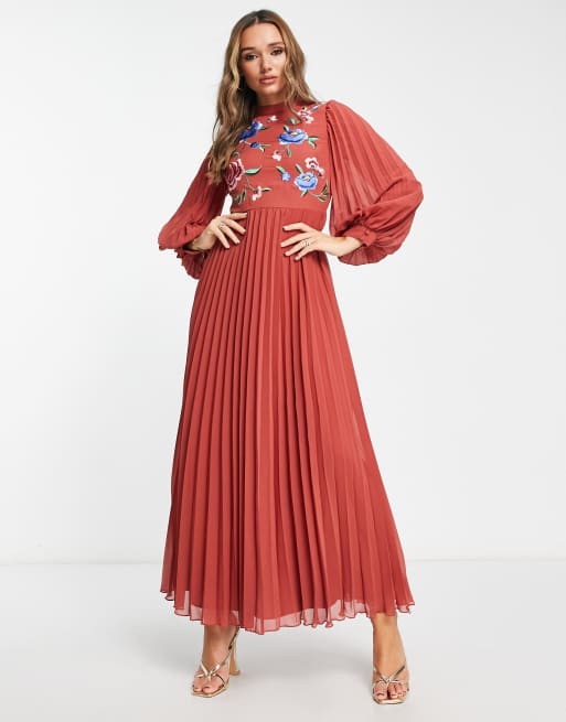 Asos pleated embroidered clearance dress