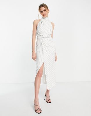 ASOS DESIGN high neck pleated front midi dress in striped linen