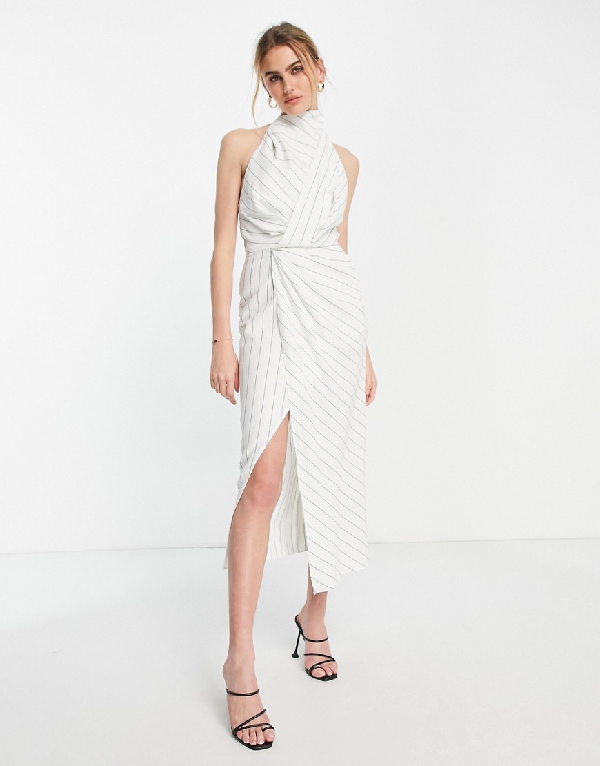 Asos Design High Neck Pleated Front Midi Dress In Striped Linen-white