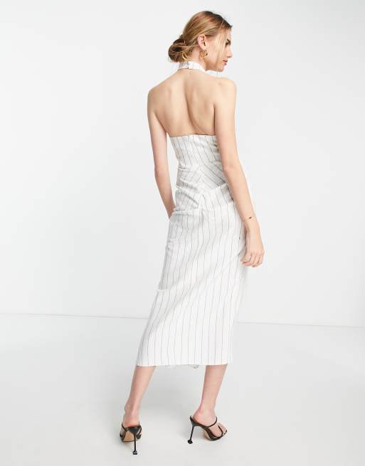 All white striped linen high waisted pleated lightweight Dress