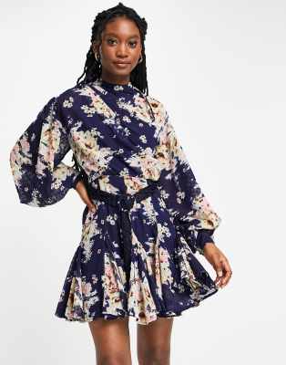 Asos Design High Neck Pleated Jacquard Mini Dress With Insert Detail In Floral Print And Macrame 1732