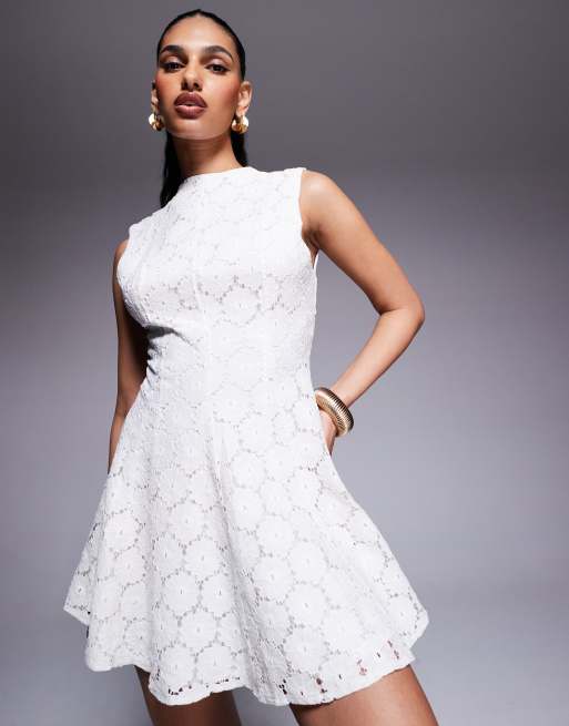 ASOS DESIGN high neck pleated lace mini dress in cream | ASOS
