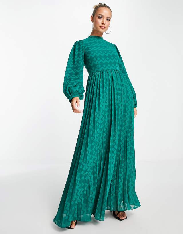 ASOS DESIGN high neck pleated long sleeve chevron textured maxi dress with puff sleeves in forest green