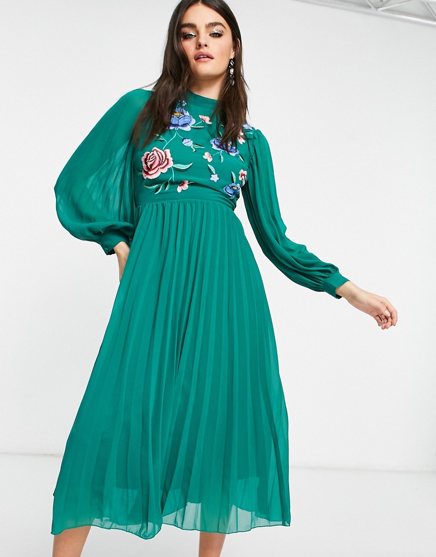 ASOS DESIGN high neck pleated long sleeve skate midi dress with embroidery in forest green