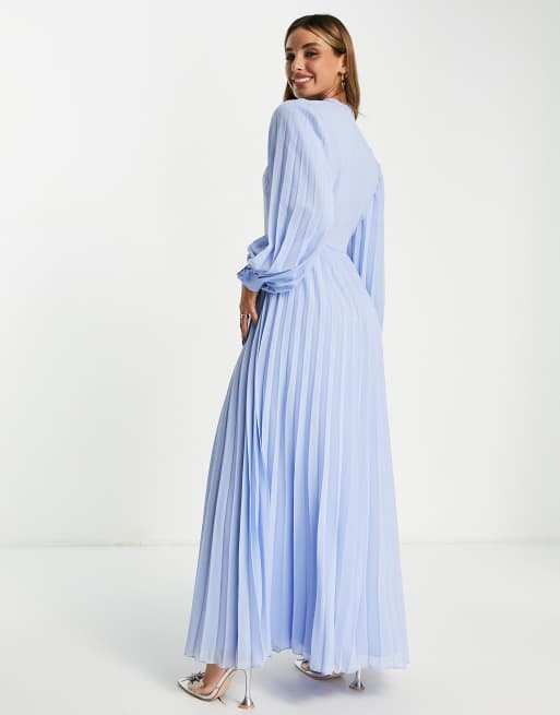 ASOS DESIGN high neck pleated long sleeve skater maxi dress in cornflower blue