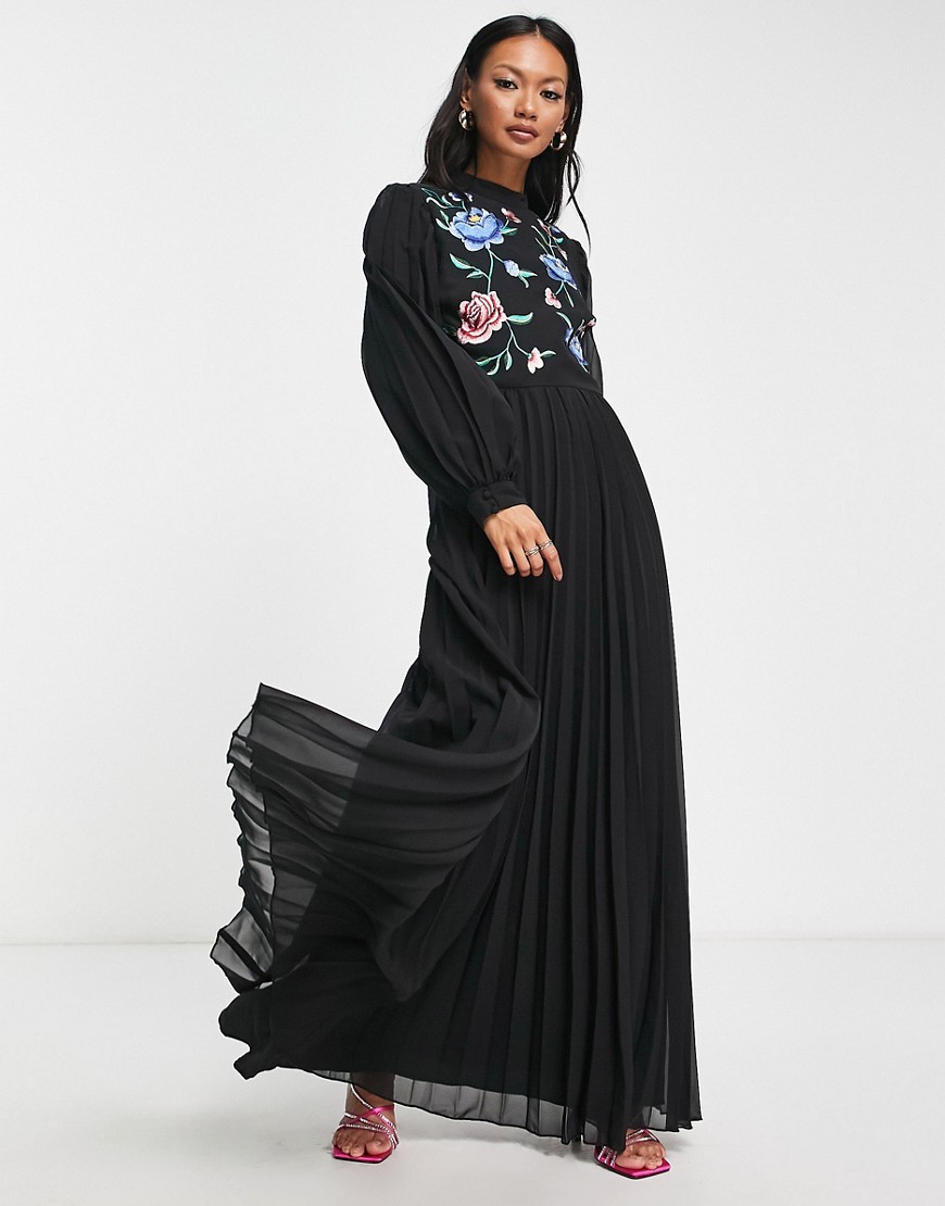 ASOS DESIGN high neck pleated long sleeve skater maxi dress with embroidery in black