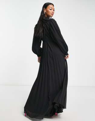 ASOS DESIGN high neck pleated long sleeve skater maxi dress with