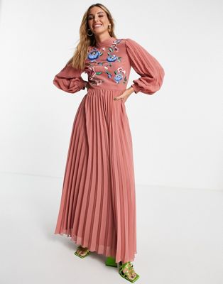 ASOS DESIGN high neck pleated long sleeve skater maxi dress with embroidery in dusky pink