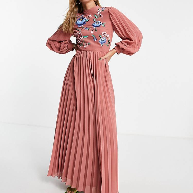 ASOS DESIGN high neck pleated long sleeve skater maxi dress with embroidery  in dusky pink