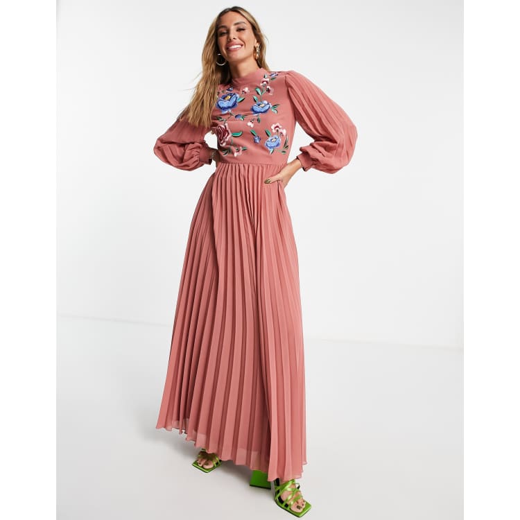 ASOS DESIGN high neck pleated long sleeve skater maxi dress with embroidery in dusky pink