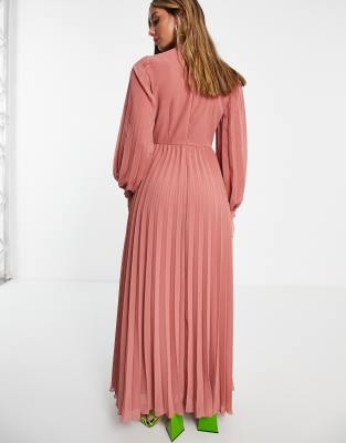 ASOS DESIGN high neck pleated long sleeve skater maxi dress with embroidery  in dusky pink | ASOS
