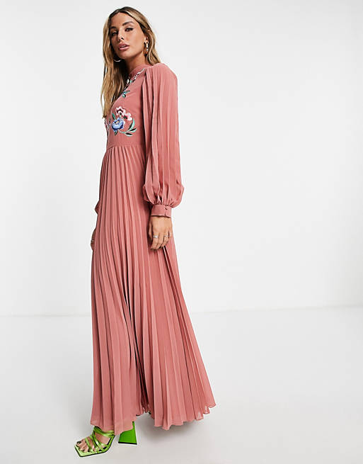 ASOS DESIGN high neck pleated long sleeve skater maxi dress with embroidery  in dusky pink