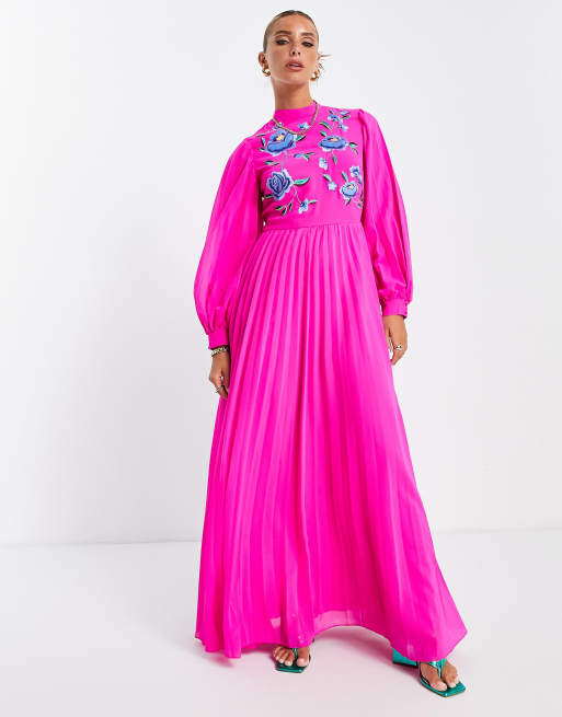 ASOS DESIGN high neck pleated long sleeve skater maxi dress with embroidery  in magenta