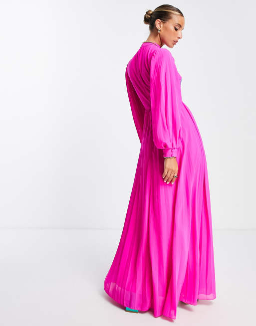 ASOS DESIGN high neck pleated long sleeve skater maxi dress with embroidery in magenta