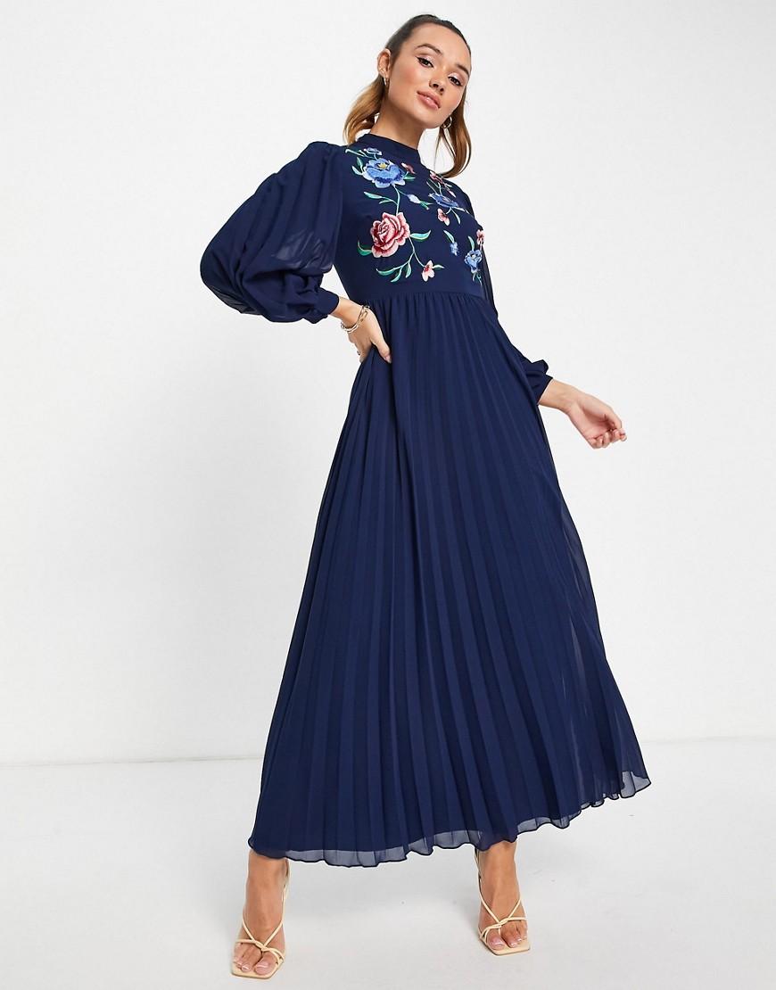ASOS DESIGN high neck pleated long sleeve skater maxi dress with embroidery in navy