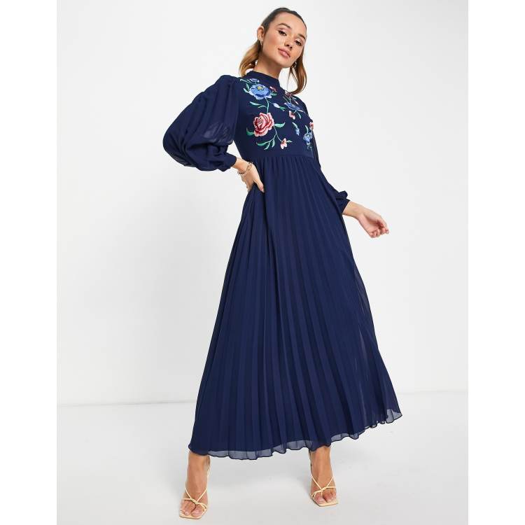 ASOS DESIGN high neck pleated long sleeve skater maxi dress with