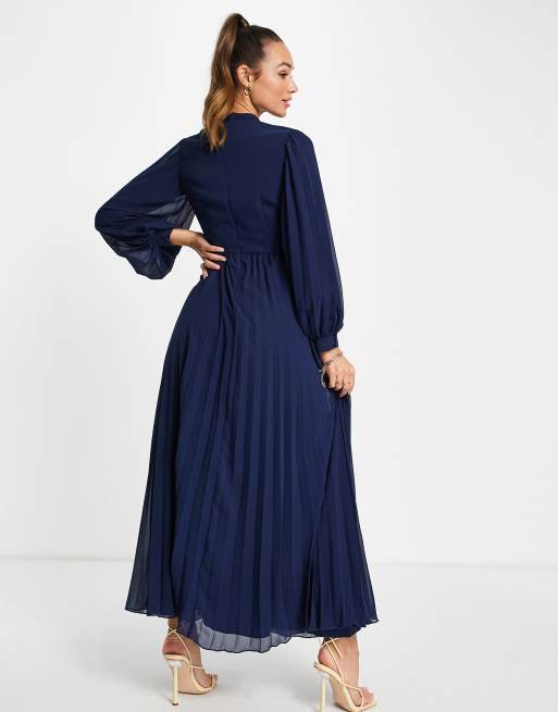 Navy pleated dress with sleeves best sale