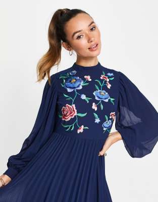 ASOS DESIGN high neck pleated long sleeve skater maxi dress with embroidery  in navy