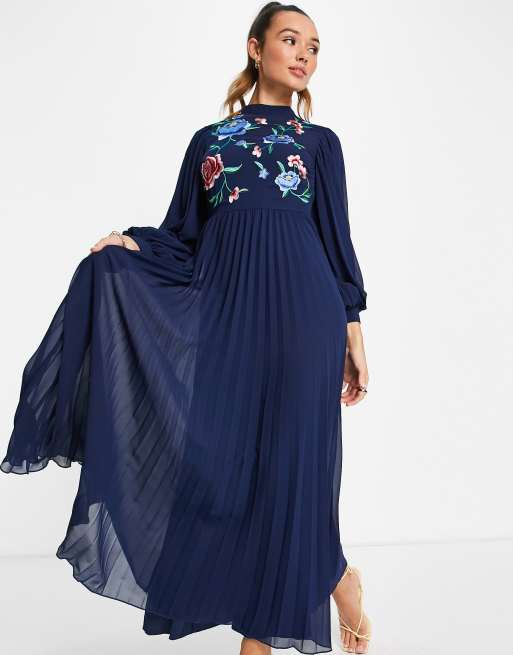 Asos design pleated high neck outlet midi dress with embroidery