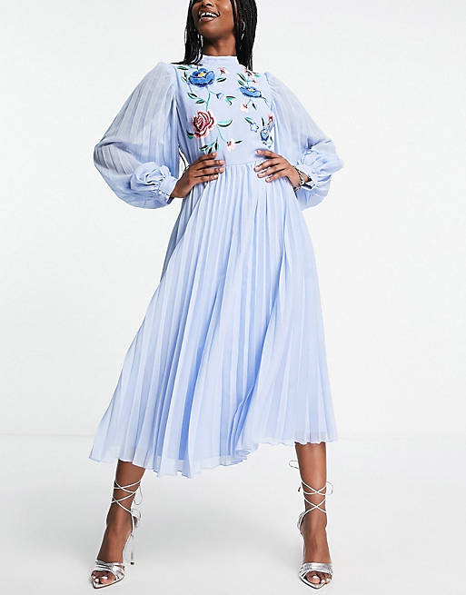  ASOS DESIGN high neck pleated long sleeve skater midi dress with embroidery in cornflower blue 