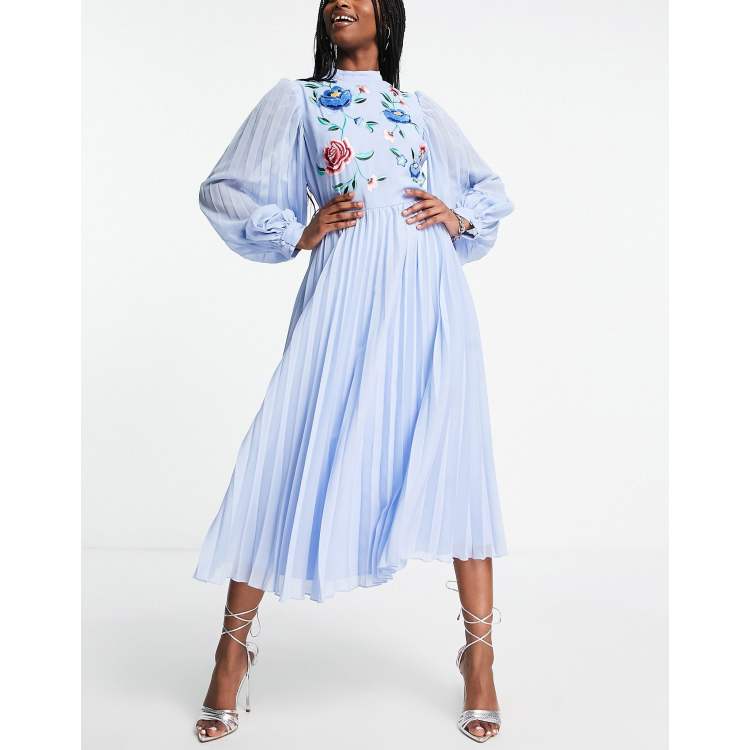 ASOS DESIGN high neck pleated long sleeve skater midi dress with