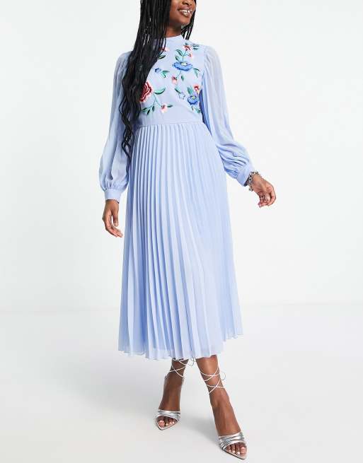 ASOS DESIGN high neck pleated long sleeve skater midi dress with