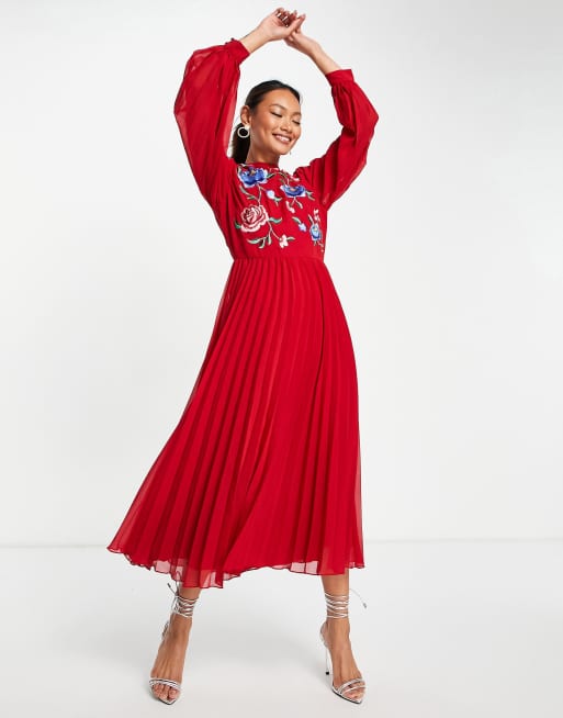 ASOS DESIGN high neck pleated long sleeve skater midi dress with embroidery  in deep red