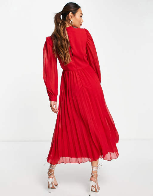 ASOS DESIGN high neck pleated long sleeve skater midi dress with embroidery  in deep red