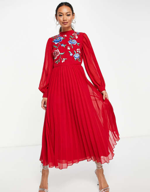 Red pleated hot sale dress asos