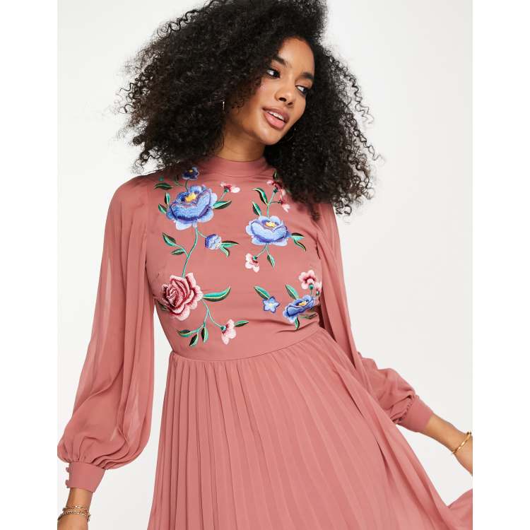 Asos design pleated high neck midi dress with hot sale embroidery