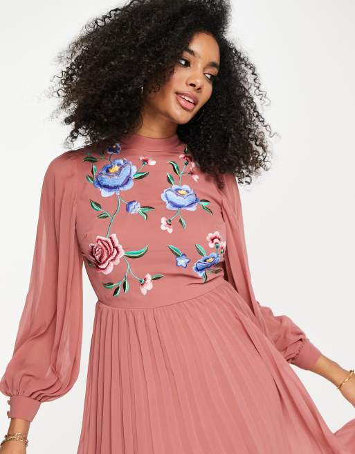 ASOS DESIGN high neck pleated long sleeve skater midi dress with embroidery  in dusky pink